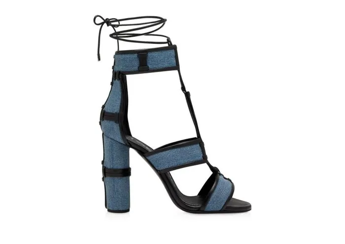 Women Sandals Tom Ford Washed Denim And Leather Patchwork Sandal Blue Black