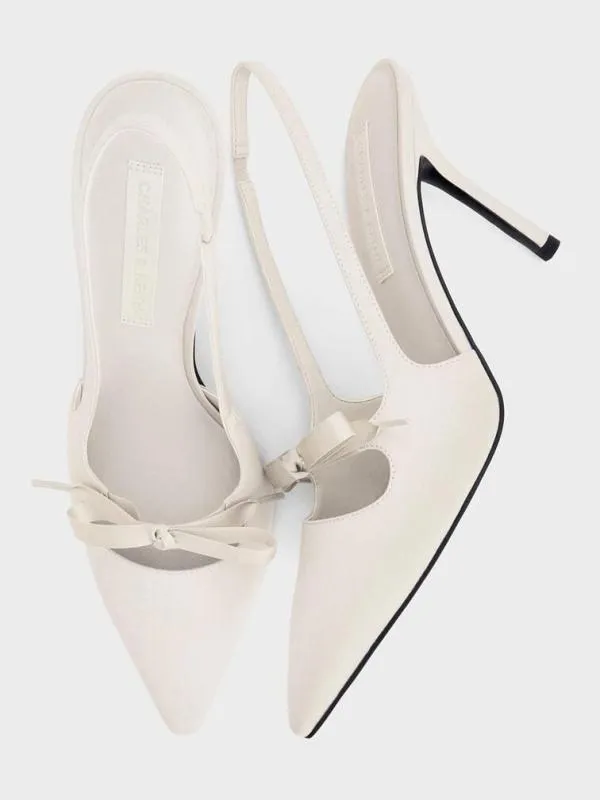 Women Satin Bow PointedToe Slingback Pumps 8211 Light Grey CHARLES and KEITH Heels