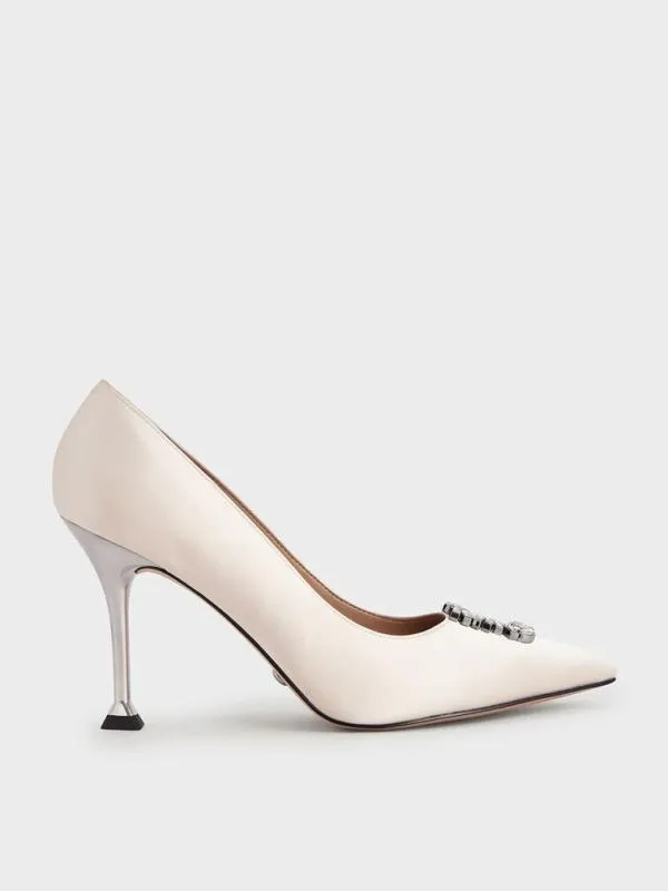 Women Satin GemEmbellished Pumps 8211 Cream CHARLES and KEITH Heels