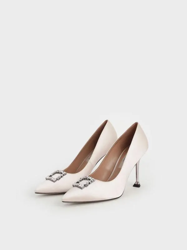 Women Satin GemEmbellished Pumps 8211 Cream CHARLES and KEITH Heels