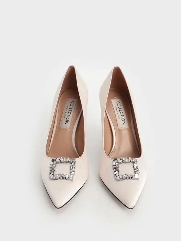 Women Satin GemEmbellished Pumps 8211 Cream CHARLES and KEITH Heels