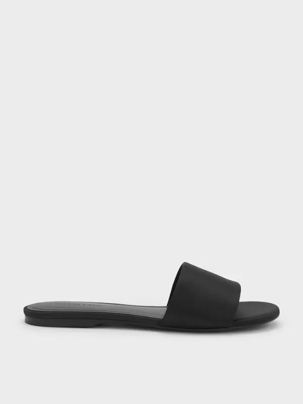 Women Satin Slide Sandals 8211 Black Textured CHARLES and KEITH Sandals