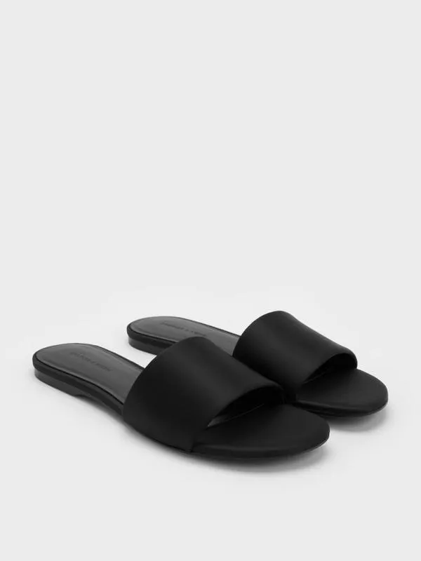 Women Satin Slide Sandals 8211 Black Textured CHARLES and KEITH Sandals