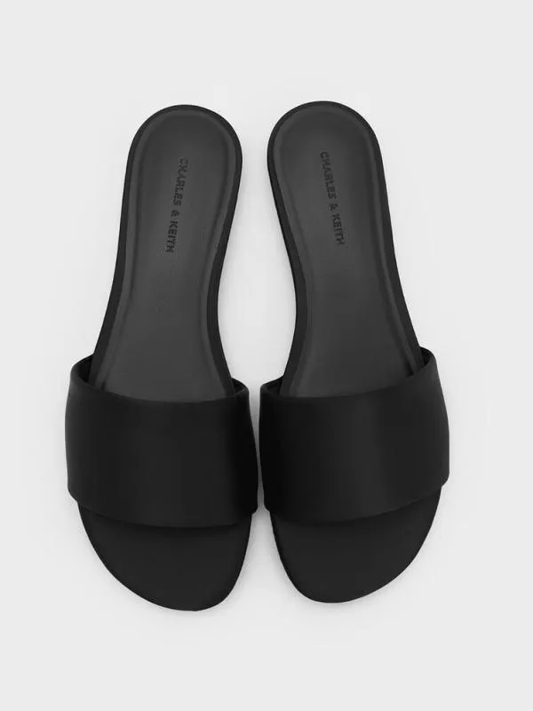 Women Satin Slide Sandals 8211 Black Textured CHARLES and KEITH Sandals