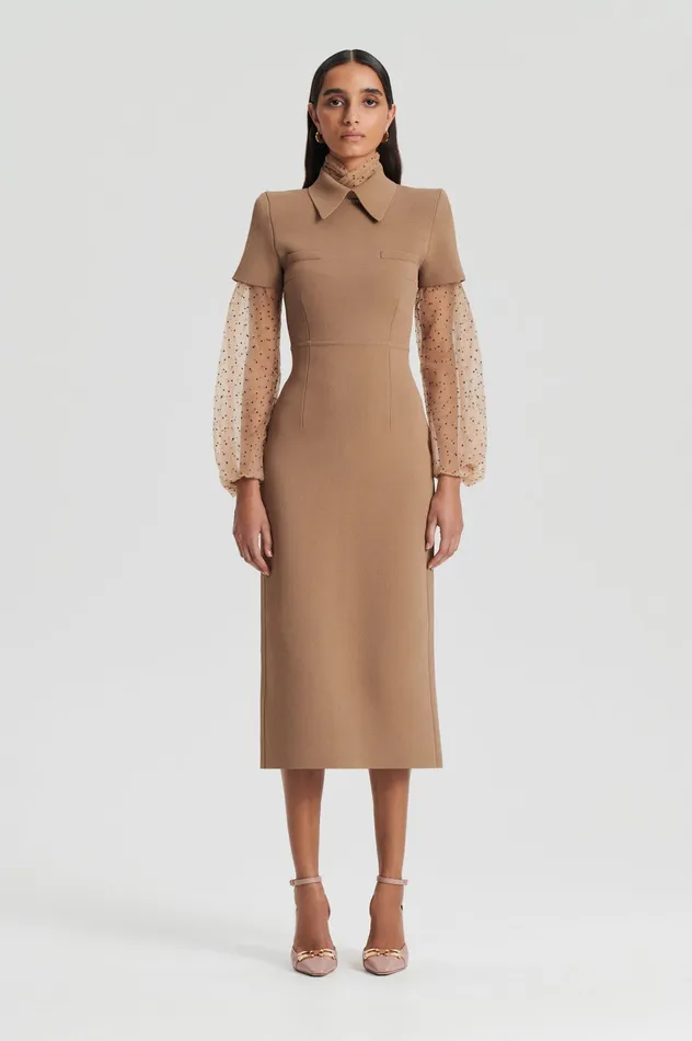 Women Scanlan Theodore CREPE KNIT COLLAR DRESS CAMEL Dresses
