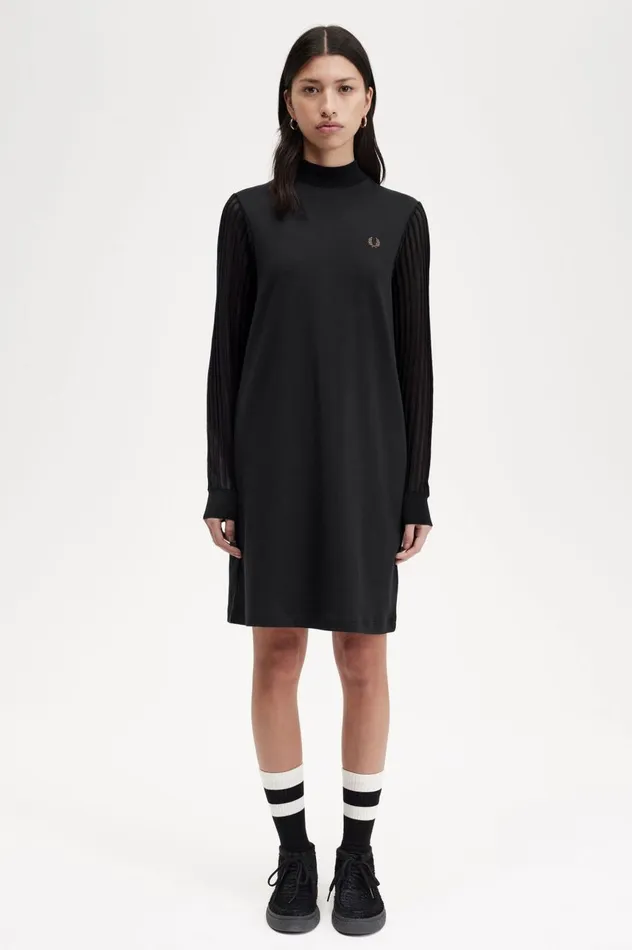 Women Sheer Sleeve Mock Neck Dress Black Fred Perry Dresses
