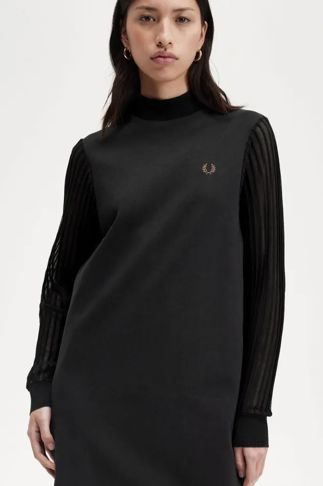 Women Sheer Sleeve Mock Neck Dress Black Fred Perry Dresses