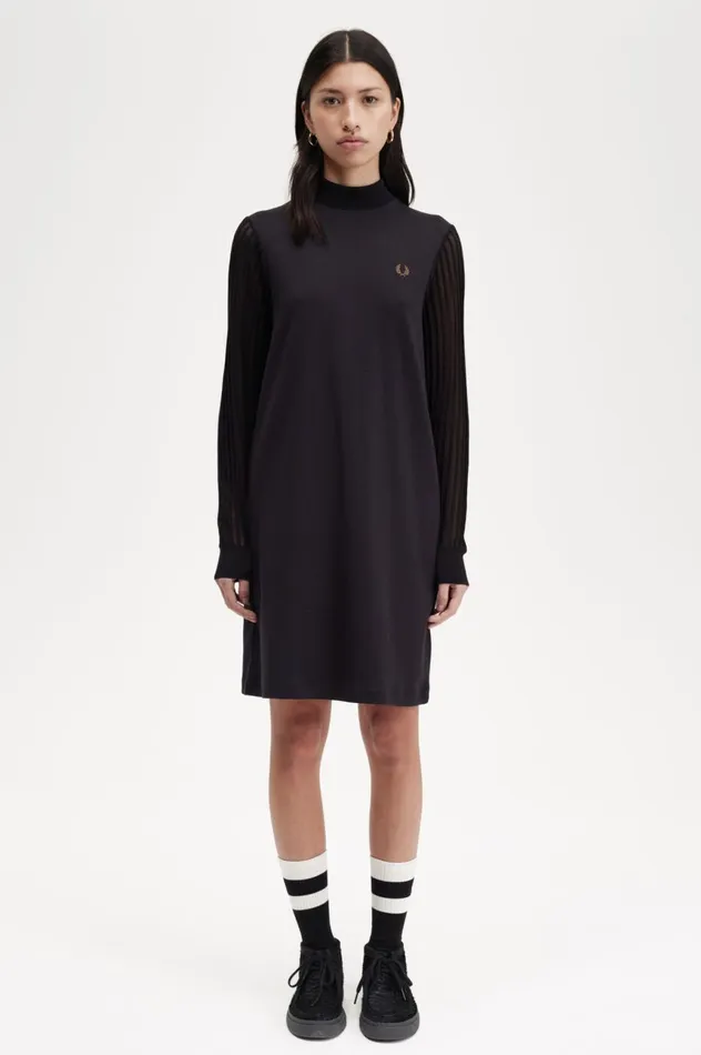 Women Sheer Sleeve Mock Neck Dress Black Fred Perry Dresses