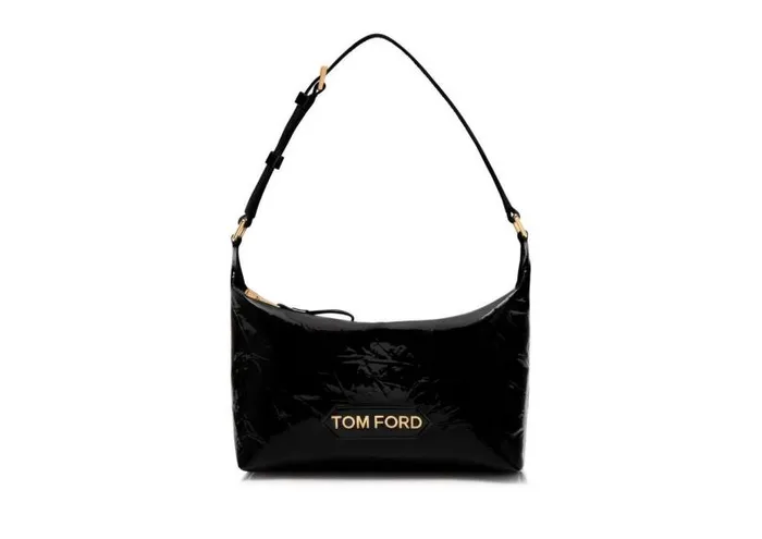 Women Shoulder Bags Tom Ford Crinkled Patent Leather Label Medium Pouch Black