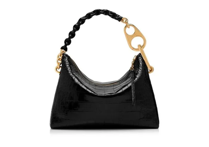 Women Shoulder Bags Tom Ford Shiny Stamped Crocodile Leather Carine Large Hobo Black
