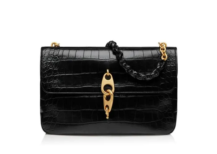 Women Shoulder Bags Tom Ford Stamped Croc Leather Carine Large Shoulder Bag Black