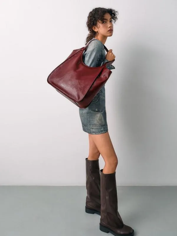 Women Sianna CrinkleEffect Slouchy Tote Bag 8211 Burgundy CHARLES and KEITH Slouchy Bags