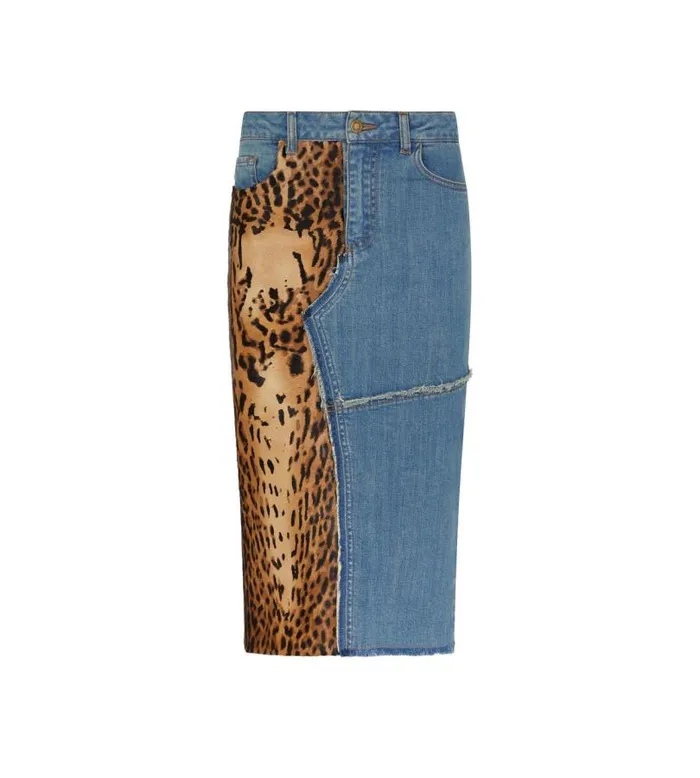 Women Skirts Tom Ford Denim and Calf Hair Pencil Skirt Indigo Beigebrown