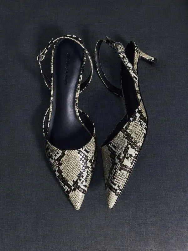 Women SnakePrint PointedToe Slingback Kitten Heels 8211 Animal Print Natural CHARLES and KEITH Heels