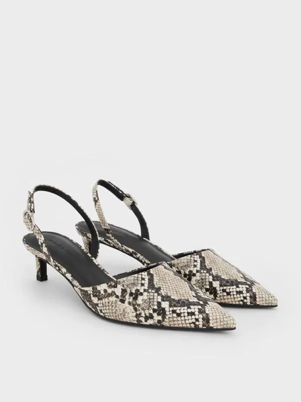 Women SnakePrint PointedToe Slingback Kitten Heels 8211 Animal Print Natural CHARLES and KEITH Heels