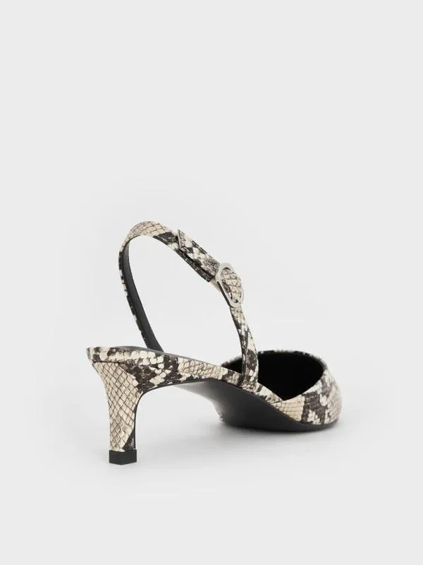 Women SnakePrint PointedToe Slingback Kitten Heels 8211 Animal Print Natural CHARLES and KEITH Heels