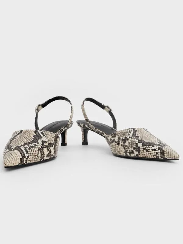 Women SnakePrint PointedToe Slingback Kitten Heels 8211 Animal Print Natural CHARLES and KEITH Heels