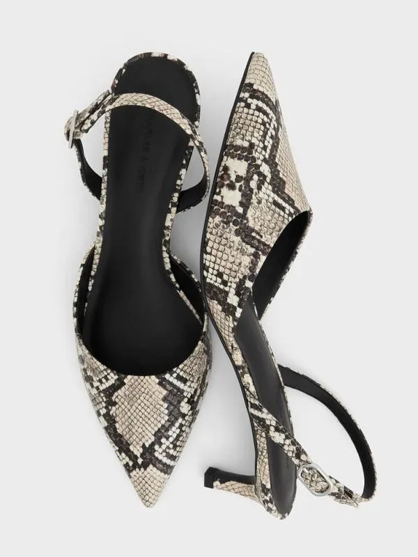 Women SnakePrint PointedToe Slingback Kitten Heels 8211 Animal Print Natural CHARLES and KEITH Heels