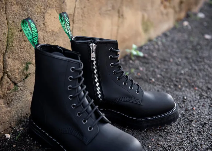 Women Solovair Derby Boots Black Greasy 8 Eye Zipped Platform Derby Boot