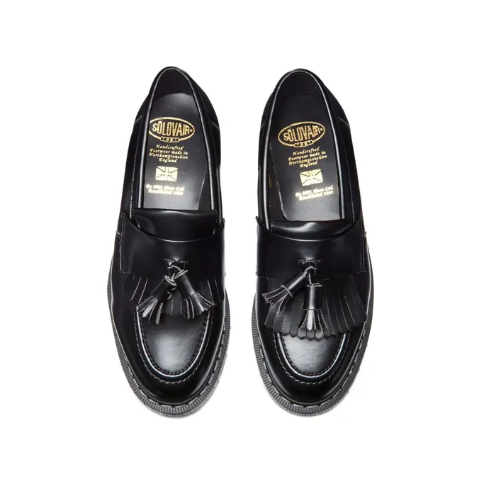 Women Solovair Loafers Black Vegan HiShine Tassel Loafer