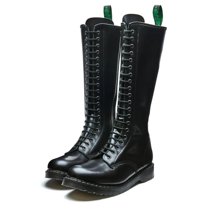 Women Solovair Zip Boots Black HiShine 20 Eye Zip Derby Boot