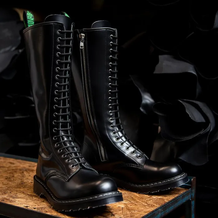 Women Solovair Zip Boots Black HiShine 20 Eye Zip Derby Boot