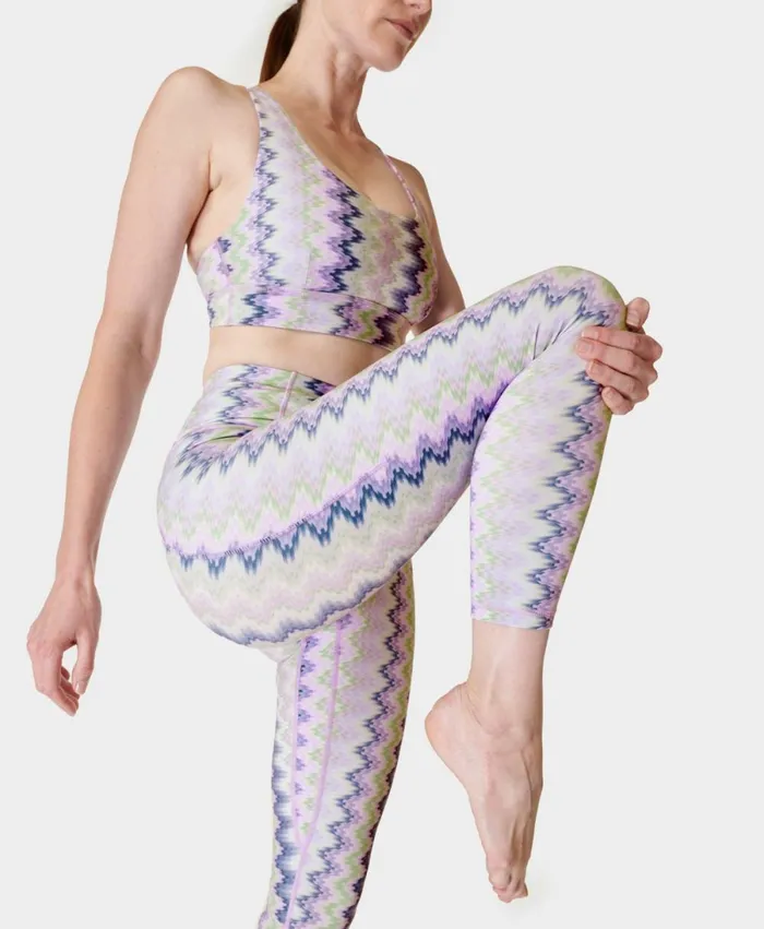 Women Super Soft 78 Yoga Leggings Green Chevron Print Sweaty Betty Pocketed