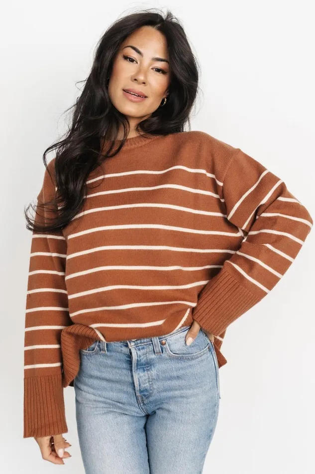 Women Sweaters Baltic Born Emerson Stripe Knit Sweater Dark Camel Ivory Women Sweaters Baltic Born Emerson Stripe Knit Sweater Dark Camel Ivory