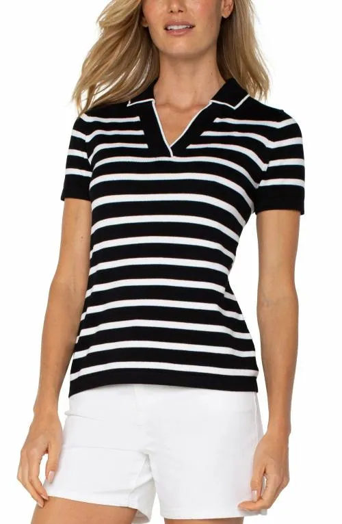 Women Sweaters Liverpool Los Angeles Short Sleeve Collared Sweater Black White Stripe