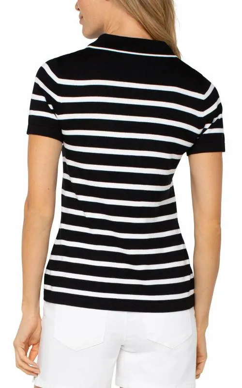 Women Sweaters Liverpool Los Angeles Short Sleeve Collared Sweater Black White Stripe
