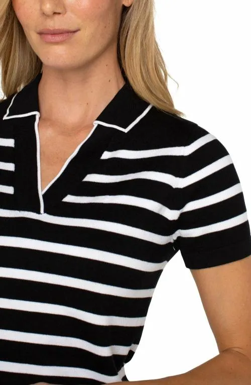 Women Sweaters Liverpool Los Angeles Short Sleeve Collared Sweater Black White Stripe