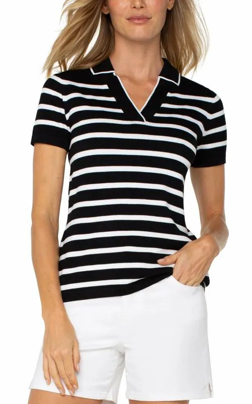 Women Sweaters Liverpool Los Angeles Short Sleeve Collared Sweater Black White Stripe
