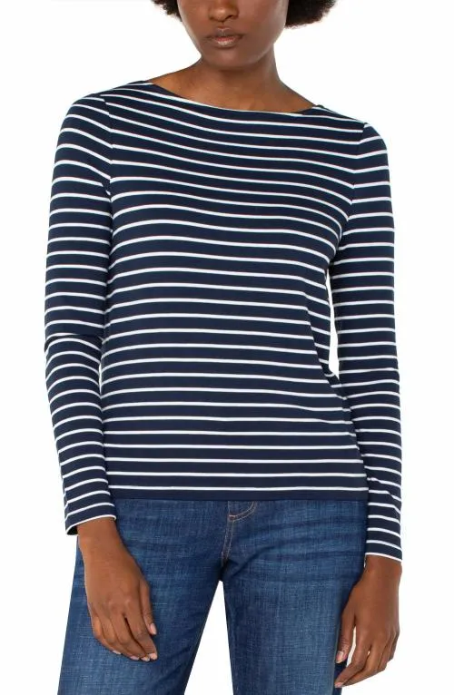 Women Tees Liverpool Los Angeles Long Sleeve Boatneck Knit Top Dark Navy White Stripe