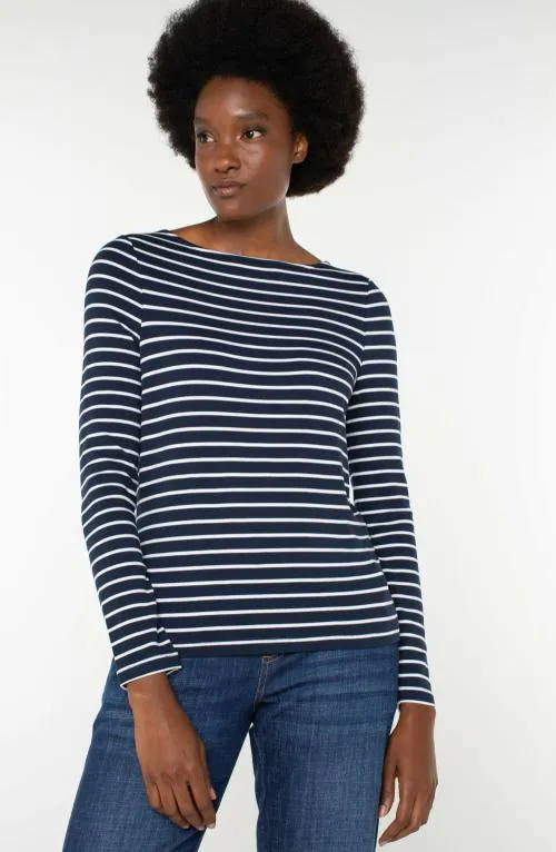 Women Tees Liverpool Los Angeles Long Sleeve Boatneck Knit Top Dark Navy White Stripe