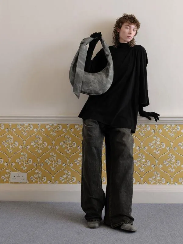 Women Toni Denim Knotted Crescent Hobo Bag 8211 Dark Grey CHARLES and KEITH Hobo Bags