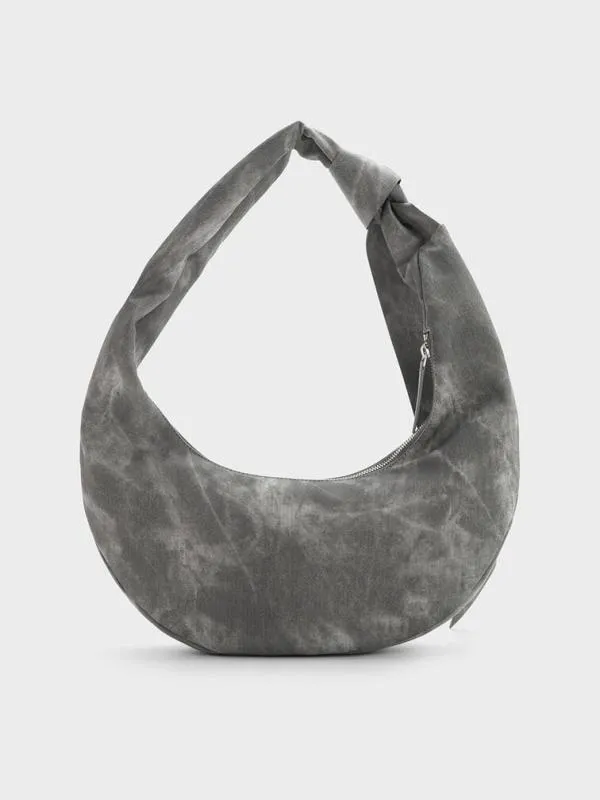 Women Toni Denim Knotted Crescent Hobo Bag 8211 Dark Grey CHARLES and KEITH Hobo Bags