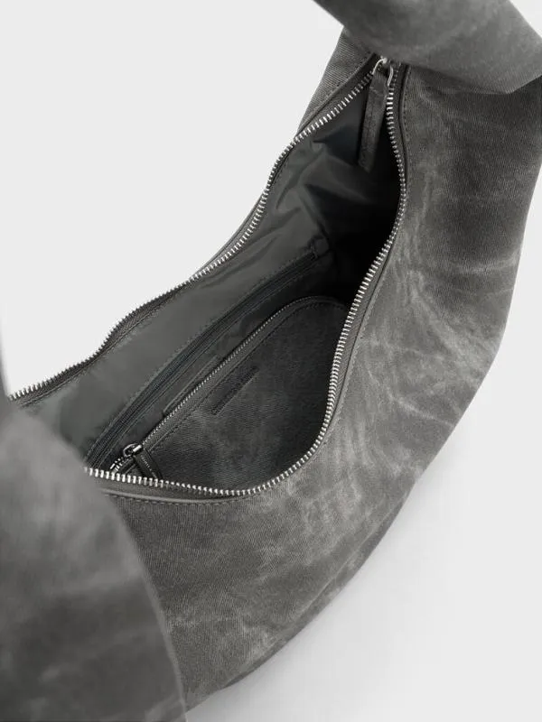 Women Toni Denim Knotted Crescent Hobo Bag 8211 Dark Grey CHARLES and KEITH Hobo Bags