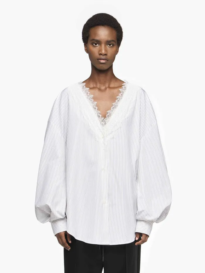 Women Tops and Shirts JW Anderson VNECK LACE TRIM SHIRT Greywhite Women Tops and Shirts JW Anderson VNECK LACE TRIM SHIRT Greywhite