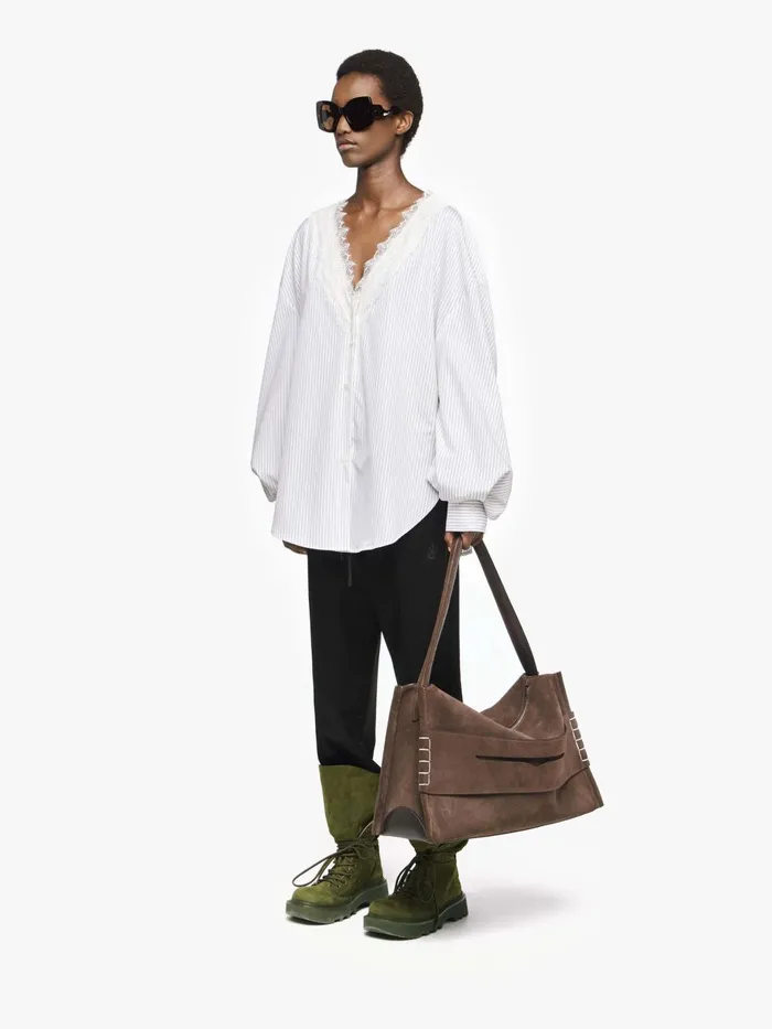 Women Tops and Shirts JW Anderson VNECK LACE TRIM SHIRT Greywhite Women Tops and Shirts JW Anderson VNECK LACE TRIM SHIRT Greywhite