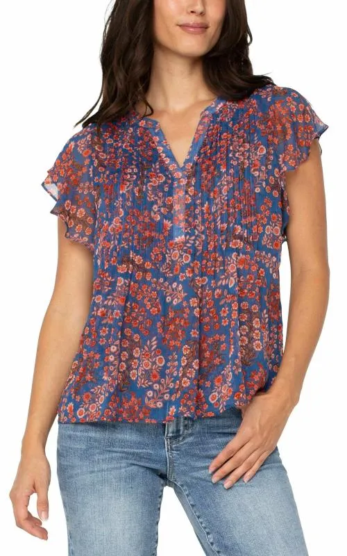Women Tops Liverpool Los Angeles Double Layer Flutter Sleeve Blouse Blue Pink Floral Women Tops Liverpool Los Angeles Double Layer Flutter Sleeve Blouse Blue Pink Floral