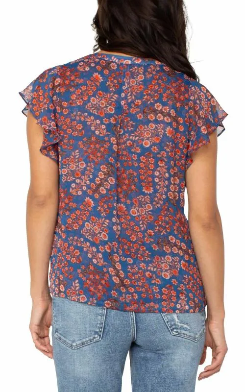 Women Tops Liverpool Los Angeles Double Layer Flutter Sleeve Blouse Blue Pink Floral