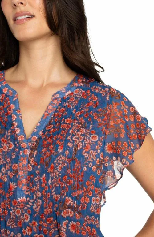 Women Tops Liverpool Los Angeles Double Layer Flutter Sleeve Blouse Blue Pink Floral