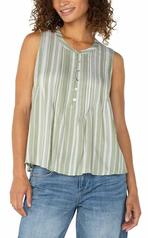 Women Tops Liverpool Los Angeles Sleeveless Popover Blouse Green White Stripe