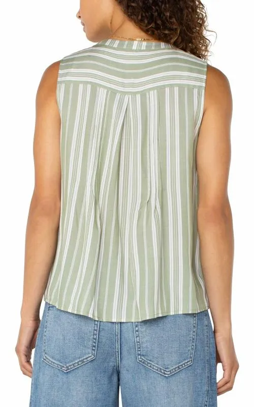 Women Tops Liverpool Los Angeles Sleeveless Popover Blouse Green White Stripe