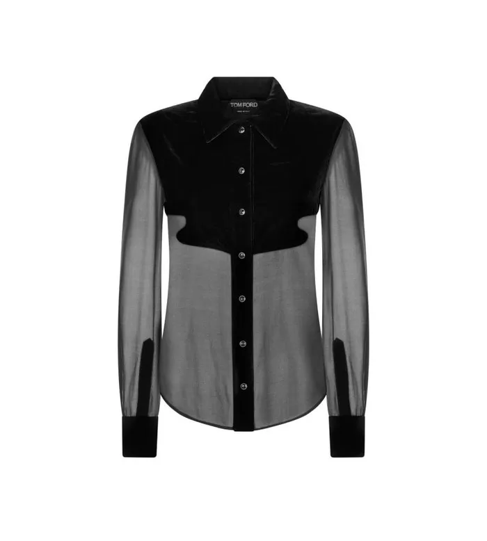 Women Tops Tom Ford Stretch Georgette Shirt With Velvet Inserts Black