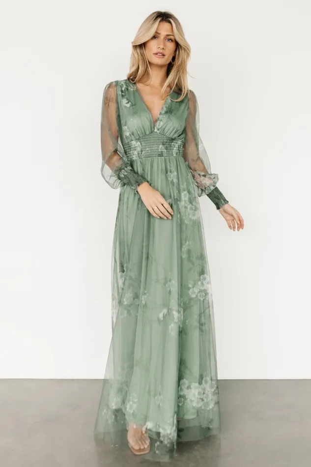 Women Tulle Styles Baltic Born Layla Tulle Maxi Dress Dusty Green Floral