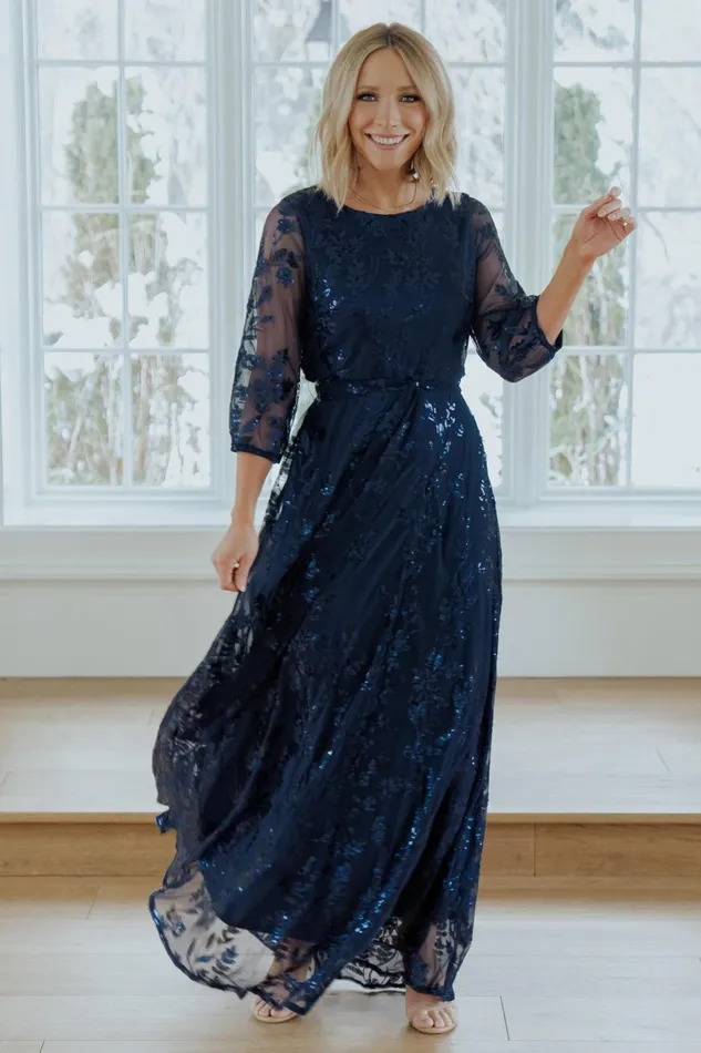 Women Wedding Guest Baltic Born Destiny Sequin Maxi Dress Navy