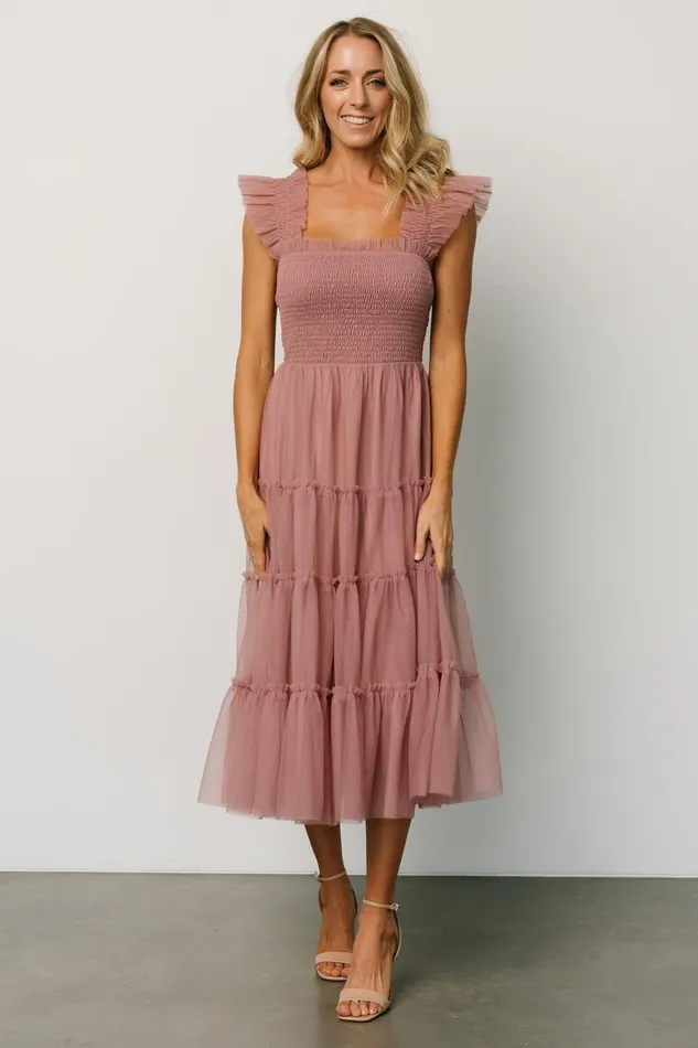 Women Wedding Guest Baltic Born Emma Smocked Tulle Dress Dusty Rose