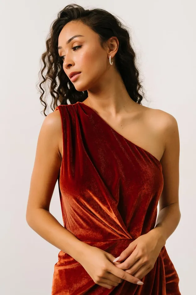 Women Wedding Guest Baltic Born Kourtney Velvet One Shoulder Midi Dress Rust