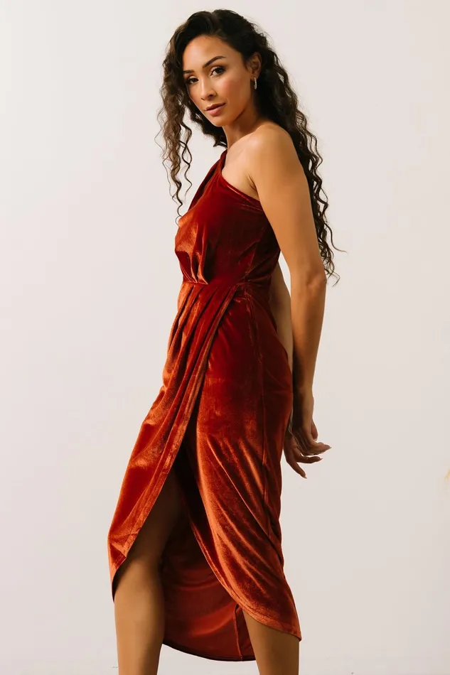 Women Wedding Guest Baltic Born Kourtney Velvet One Shoulder Midi Dress Rust